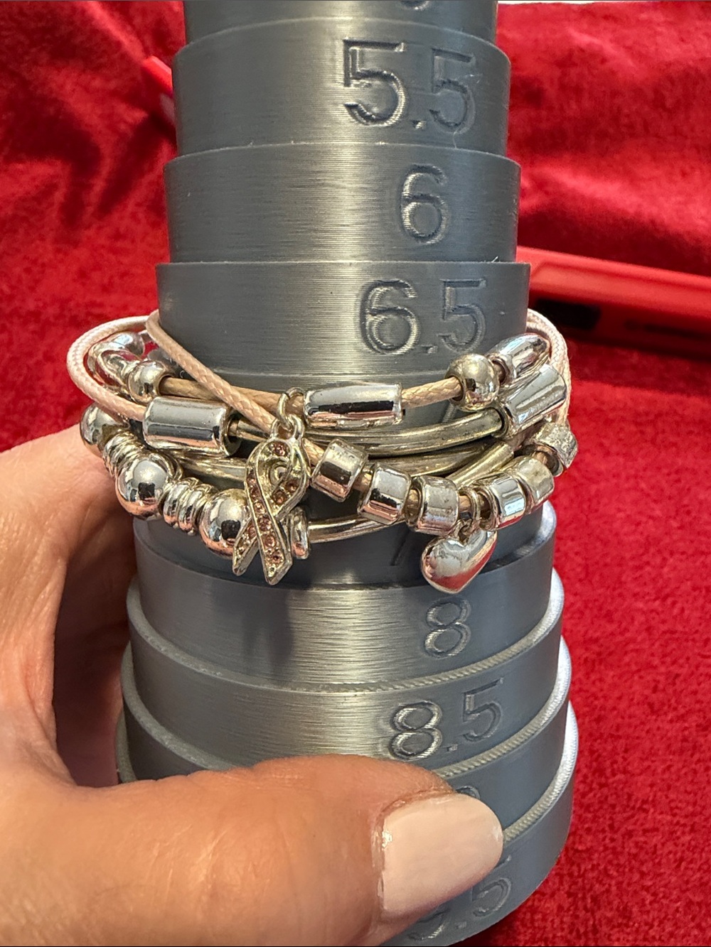 Gloria Vanderbilt Silver-Tone blush Pink Ribbon Charm Bracelet fits 6.5-8 good